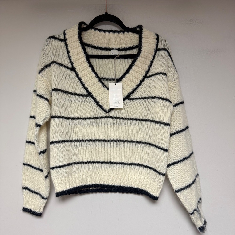 A New Day Striped V-Neck Sweater Women Small Cream Black NEW Fuzzy Knit Pullover